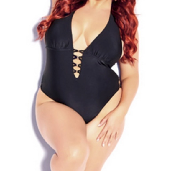 New City Chic Sexy Black Plunging Neckline One Piece Halter Swimsuit size 18 - Picture 1 of 11